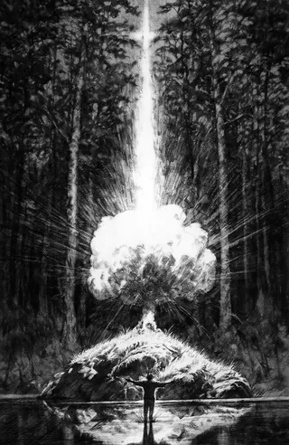 Black and white pencil drawing of a surreal landscape featuring a bright explosive burst of light illuminating a small tree on a rocky mound, surrounded by a dark misty forest, with a solitary figure standing with arms outstretched on reflective wet ground.