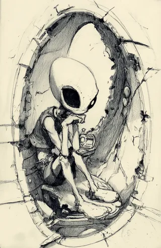 Black and white pencil drawing of a small humanoid alien with a large round head and single black eye, sitting in a damaged oval-shaped futuristic structure.