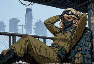 A woman in a post-apocalyptic setting reclining with arms behind her head, wearing cargo pants, a protective mask, pith helmet, gloves, and survival gear, set against an industrial ruins background.