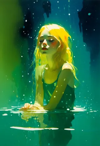Watercolor portrait of a young elf ingenue with glowing golden hair, sitting in a pond inside a grotto with phosphorescent fish swimming, illuminated by dramatic, saturated lighting.