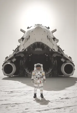 An astronaut in a weathered space suit stands alone in a white desert with the massive, shark-shaped starship looming behind, casting a large shadow.