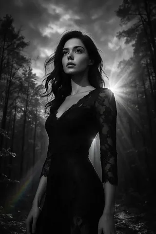 Black and white photograph of a dark-haired woman in a dark lace dress standing in a sunlit forest with dramatic sky, rays of light, and dynamic backlighting