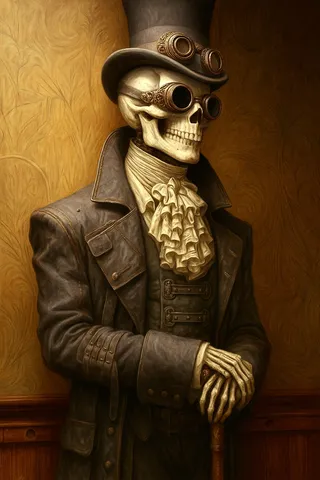 맞춤 제작된 큰 외투, 주름진 크라바트, 황동 세공 고글이 달린 실크 모자를 쓴 스팀펑크 해골이 양각 벽지를 배경으로 서 있습니다.