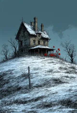 A solitary Victorian house perched on a snowy hill, illustrated in a 1940s comic book style with dynamic cross-hatching, muted browns and blues, and bright red flowers near the foundation.