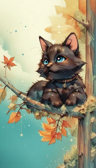 Digital anime-style illustration of a cute black cat with bright blue eyes, sitting on a tree branch adorned with orange autumn leaves, glowing halo above its head.