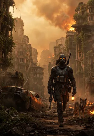 A lone post-apocalyptic survivor in a gas mask and scavenged armor walking through a ruined city overgrown with vines, accompanied by a mutated wolf, under a fiery orange sky.
