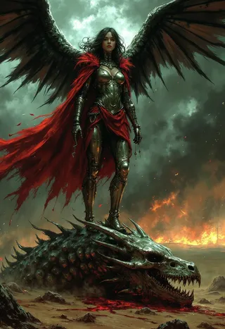 A Valkyrie standing on a large dragon skull in a stormy wasteland, wearing metallic armor and a flowing red cloak, with dark wings spread behind her and a fiery sky in the background.