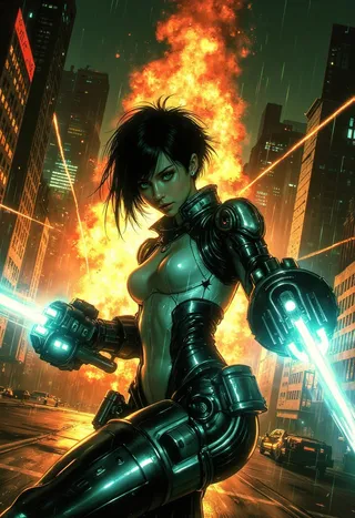 A female warrior in a high-tech exosuit fires energy blasts in a neon-lit cyberpunk city with a massive fiery explosion behind her.