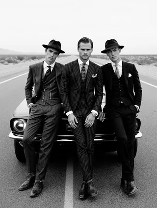 Black and white photograph of three men wearing vintage-inspired three-piece suits and fedoras, leaning against a vintage car on a desert highway.