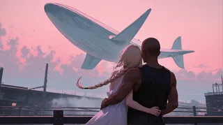 A couple stands from behind, embracing and looking at a whale-shaped spacecraft flying against a pink sky with clouds, industrial pipes, and futuristic buildings in the background.