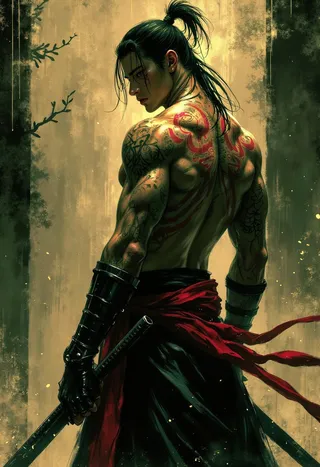 Muscular cyberpunk yakuza man with glowing tattoos and a ponytail, wearing flowing samurai trousers and a red cloth belt, holding a sword with black gauntlets, looking back in a dynamic pose.