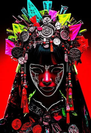 Portrait of a young woman wearing traditional clothing with a surreal neon-colored headdress, geometric white face tattoos, and a high-contrast red and black background.