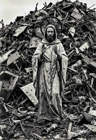 Black and white image of a saintly figure in stained holy robes with a rusted bicycle wheel halo, standing in front of a vast junkyard pile.