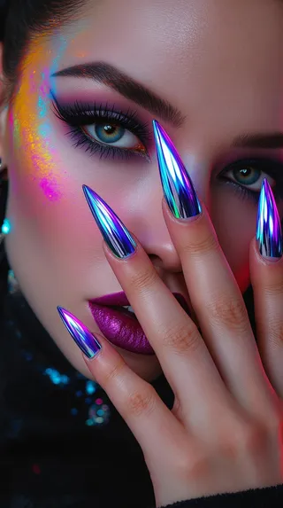 Close-up of a woman with ultra-long metallic chrome nails shaped like blades reflecting neon pink and blue light, glossy dark makeup, and piercing eyes looking through fingers.