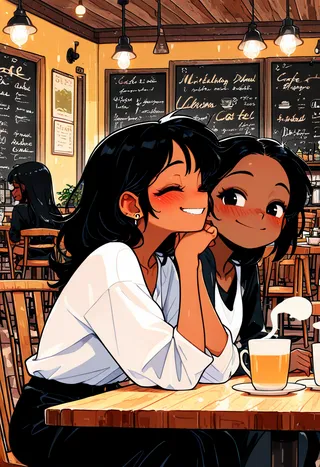 Two dark-skinned girls with black hair smiling and sitting at a wooden table in a cozy cafe, surrounded by warm lighting and menu boards.