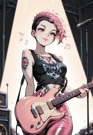 A punk guitarist with a pink mohawk hairstyle, tattoos, and black tank top playing a pink electric guitar on stage under warm spotlight.