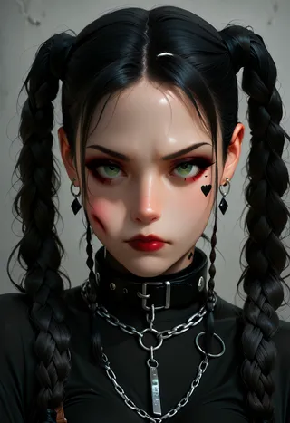 Close-up realistic portrait of a young woman with twin black braids, green eyes, dark lipstick, heart-shaped tattoo on her cheek, wearing a black choker and silver chains.