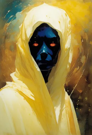 Watercolor portrait of an alien figure with a blue face and glowing orange eyes, draped in yellow hooded robes with dramatic lighting and textured background.