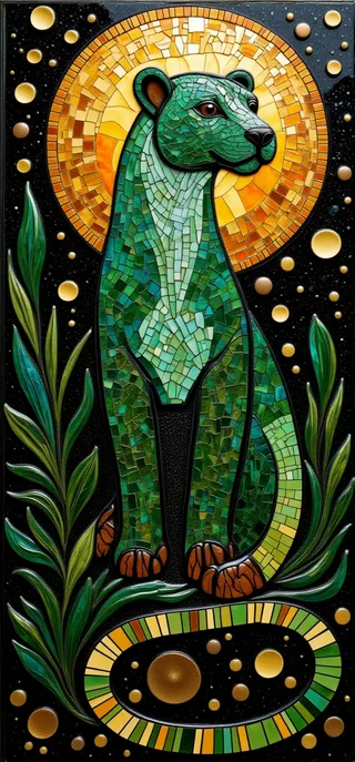 A green mosaic obsidian jaguar adorned with Mayan star map constellations, seated in a celestial jungle with jade leaves and a radiant golden sun halo.