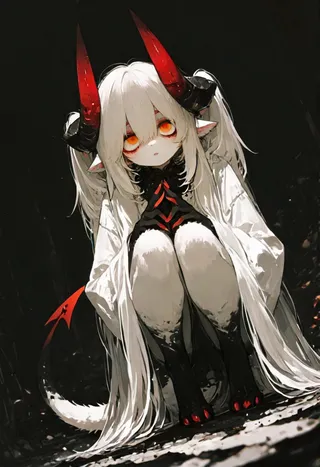 Close-up frontview of a crouching adult humanoid demon with long white hair, red spiral horns, orange eyes with red makeup, and a long white tail against a dark background.