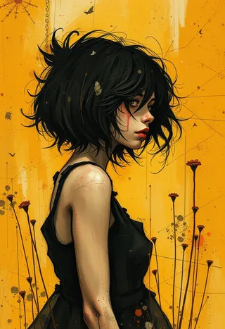 Digital portrait of a young female with tousled black hair in a black dress, set against a yellow background with tall, thin flowers and abstract splatters, inspired by Ashley Wood's style.