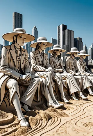 Group of elegantly dressed figures wearing wide-brimmed hats sitting on intricate sand sculptures with a modern city skyline in the background under clear blue sky.