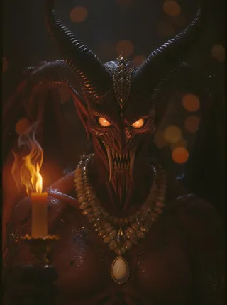 Highly detailed cinematic portrait of a horned demon holding a candle, adorned with intricate jewelry and facial markings, illuminated by warm flame light.