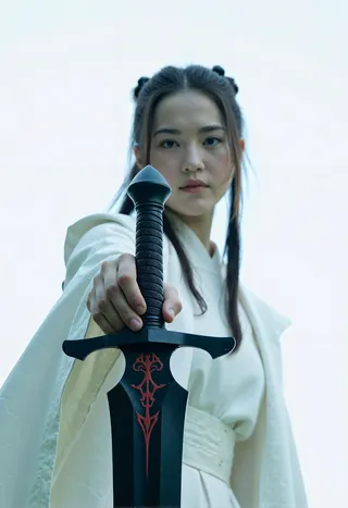 A woman in white traditional attire holding a black metal sword with red markings, against a white background with cinematic lighting.