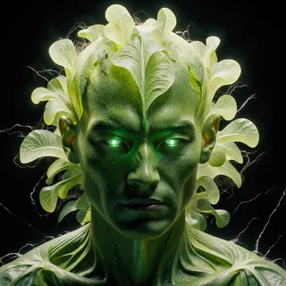 A green humanoid face made of bok choy with soft, curved leaf projections and glowing green eyes, radiating an electrified aura on a dark background.