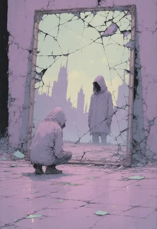 A solitary hooded figure kneels before a large cracked mirror reflecting a distorted, dreamy cityscape with tall spires, in a soft pastel and retro 1970s anime style.