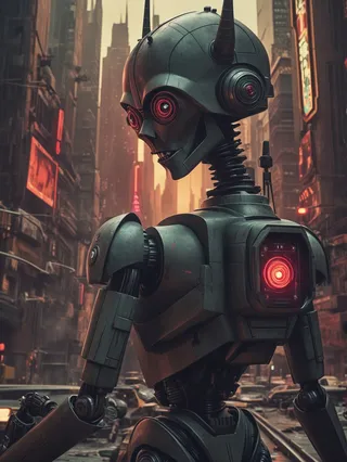 Portrait of a devil droid with glowing red eyes and a mechanical body, set against a cyberpunk metropolis backdrop featuring tall buildings and neon lights, with detailed textures and film grain effect.