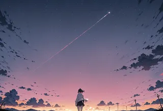 Anime girl silhouette standing under a vast gradient twilight sky filled with stars, clouds, and a bright shooting star streaking across.