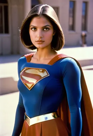 Ultra-realistic photo of a youthful Algerian woman dressed in a 1980s Supergirl film costume, featuring a shiny, voluminous, smooth, straight short bob haircut with side-parting, standing facing forward.