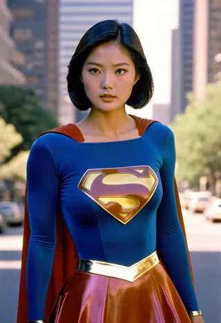 Ultra-realistic image of a Korean woman dressed in a 1980s style Supergirl costume with a blue and red suit, a shiny gold emblem, and a short bob haircut.