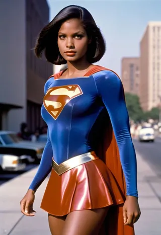 Ultra-realistic photo of African-American Supergirl in 1980s costume with shiny blue bodysuit, red cape, and metallic skirt, sporting a smooth short bob haircut.