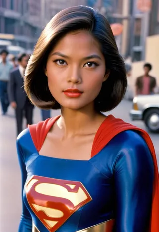 Young Filipino woman dressed in an ultra-realistic 1980s Supergirl costume with raven-colored short bob haircut and red cape