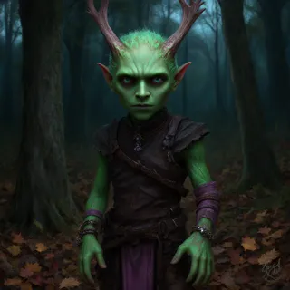 A green-skinned goblin with prominent antlers stands in a dark forest with fallen leaves, wearing dark clothing and jewelry.