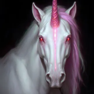 Digital art of a white unicorn with a long pink mane and a glowing single horn, red eyes with colored sclera, set against a dark background
