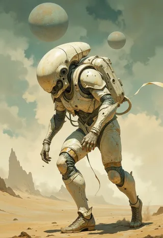An alien astronaut in a futuristic, worn suit struggles through a dusty desert landscape with two distant planets in the cloudy sky above.