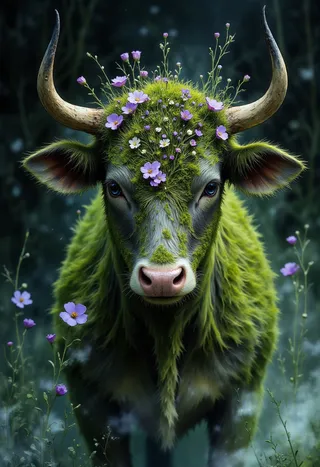Hyper-realistic close-up of a cow figure composed entirely of grass and purple flowers with detailed textures and dramatic lighting.