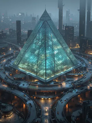 Massive glass pyramid with turquoise reflections at the center of a circular highway interchange, surrounded by retro-fantasy vehicles and illuminated city skyline at evening.