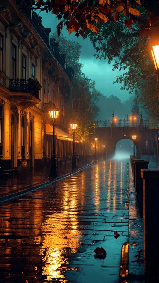 Night view of a rain-soaked European street with glowing antique street lamps, cobblestone pavement reflecting lights, Baroque buildings, and a misty stone bridge in the distance.