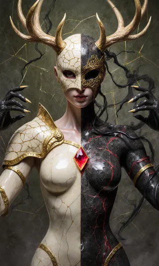 A high-quality fantasy portrait of an ethereal androgynous being wearing an intricate cracked mask with golden antlers. The figure has dual-tone armor with one half ivory and the other dark as polished stone with red veins, adorned with a glowing red gemstone at the chest and shadowy tendrils extending from the head and shoulders.