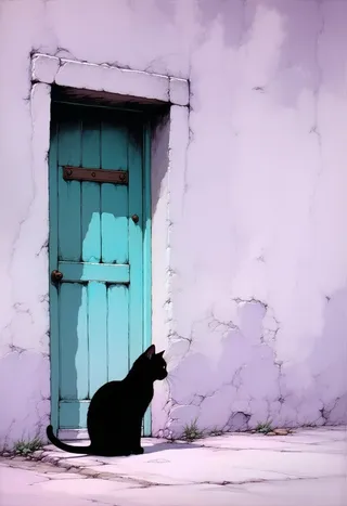 A silhouette of a solitary black cat sitting in front of a weathered teal door set into a textured, pale lavender wall with pastel shades and minimalist anime style.