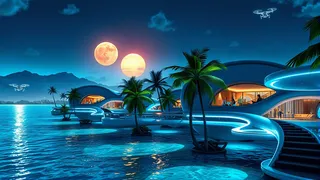 Futuristic Caribbean seaside resort at dusk with sleek floating villas connected by glowing walkways, bioluminescent palm trees, and twin suns over the horizon.