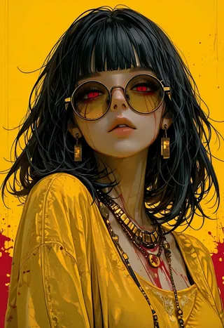 Portrait of a girl with black hair, red eyes, and blood-tinted round sunglasses against a yellow background with blood splatters, wearing multiple necklaces and earrings.