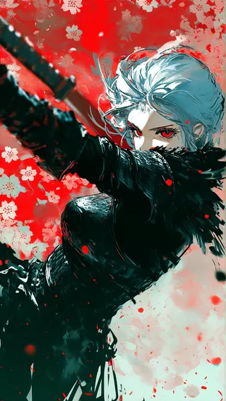 A dark fantasy styled female samurai with silver hair and intense red eyes wielding a katana in an action pose against a vivid red cherry blossom background.