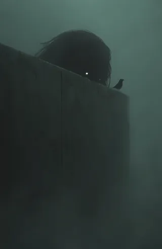 Shadowy creature with glowing white eyes peering over a tall weathered concrete wall with a small bird perched on top, surrounded by fog in a greenish-gray moody atmosphere.