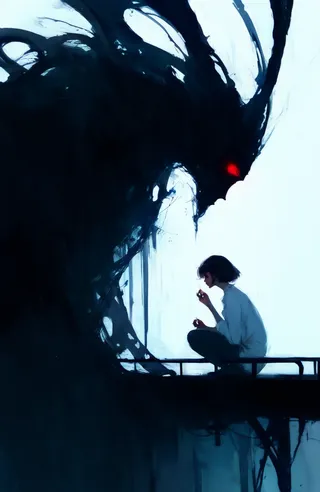 A woman with short dark hair sitting on a metal platform, facing a large abstract shadow creature with glowing red eyes and flowing black tendrils in a blue black color palette.