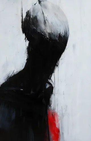 Abstract painting showing a shadowy humanoid figure with a cracked helmet-like head, predominantly black and gray with subtle red accents and rough textured brushstrokes.